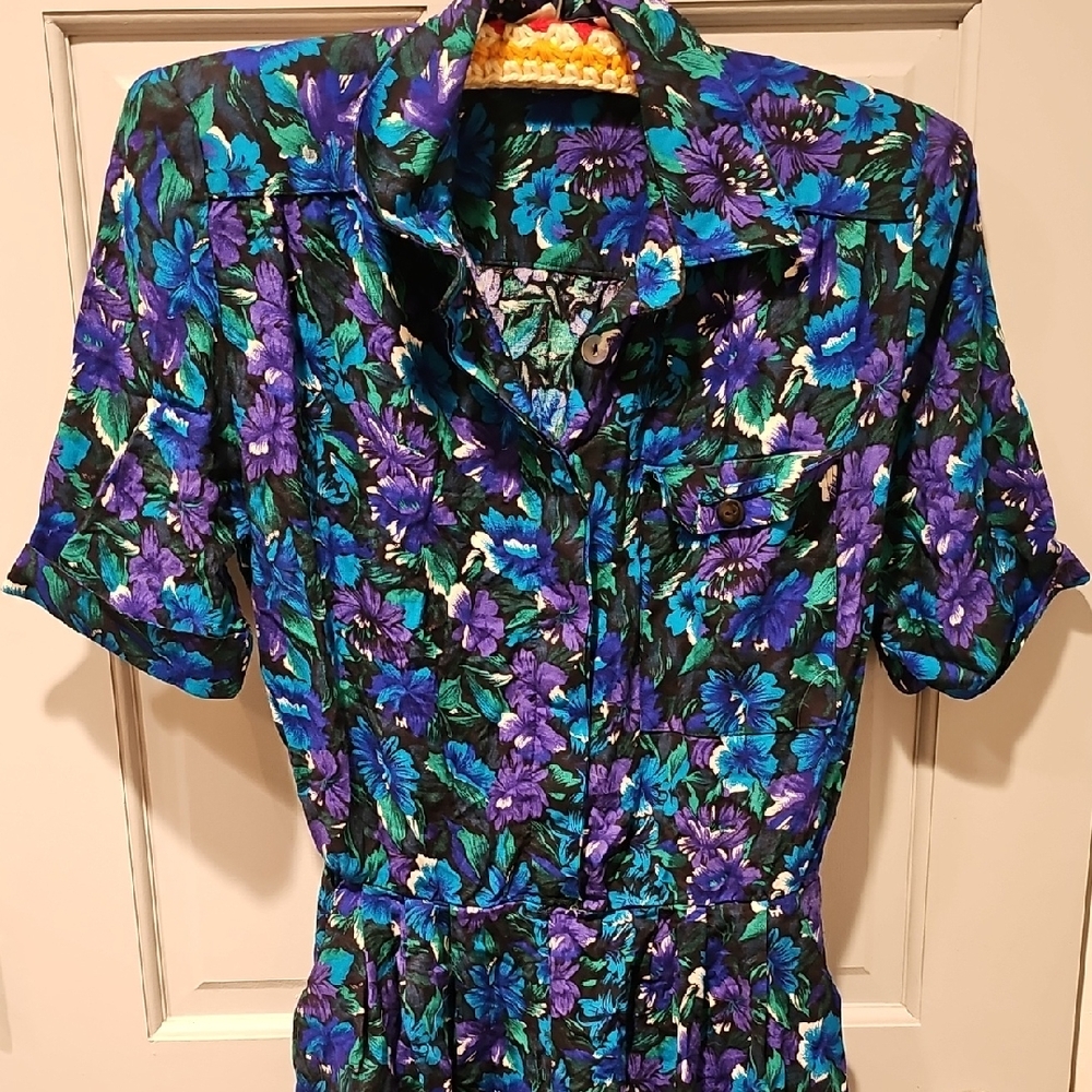 80s Jessica Howard Vibrant Floral Dress Blue Purple Size 10 Short Sleeve Vintage